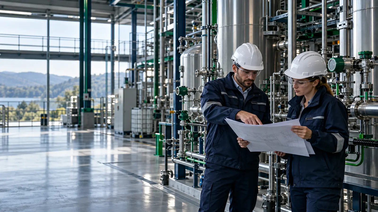 Ingénieurs étudiant des équipements et des plans dans une installation industrielle