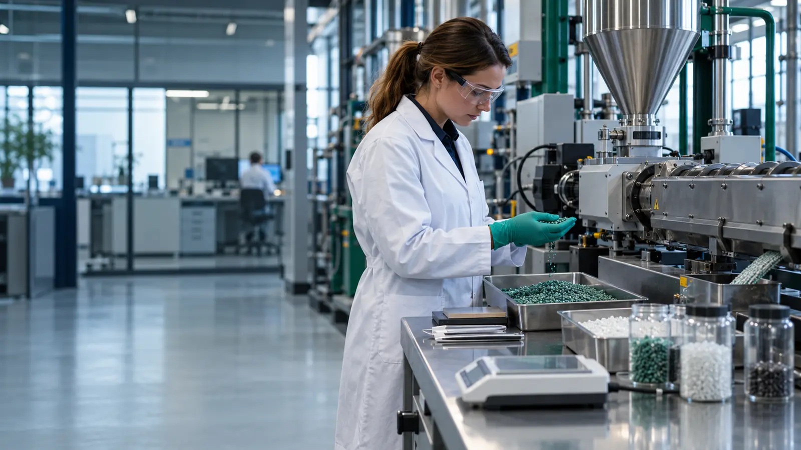 Scientifique analysant des matières recyclées sur une ligne pilote