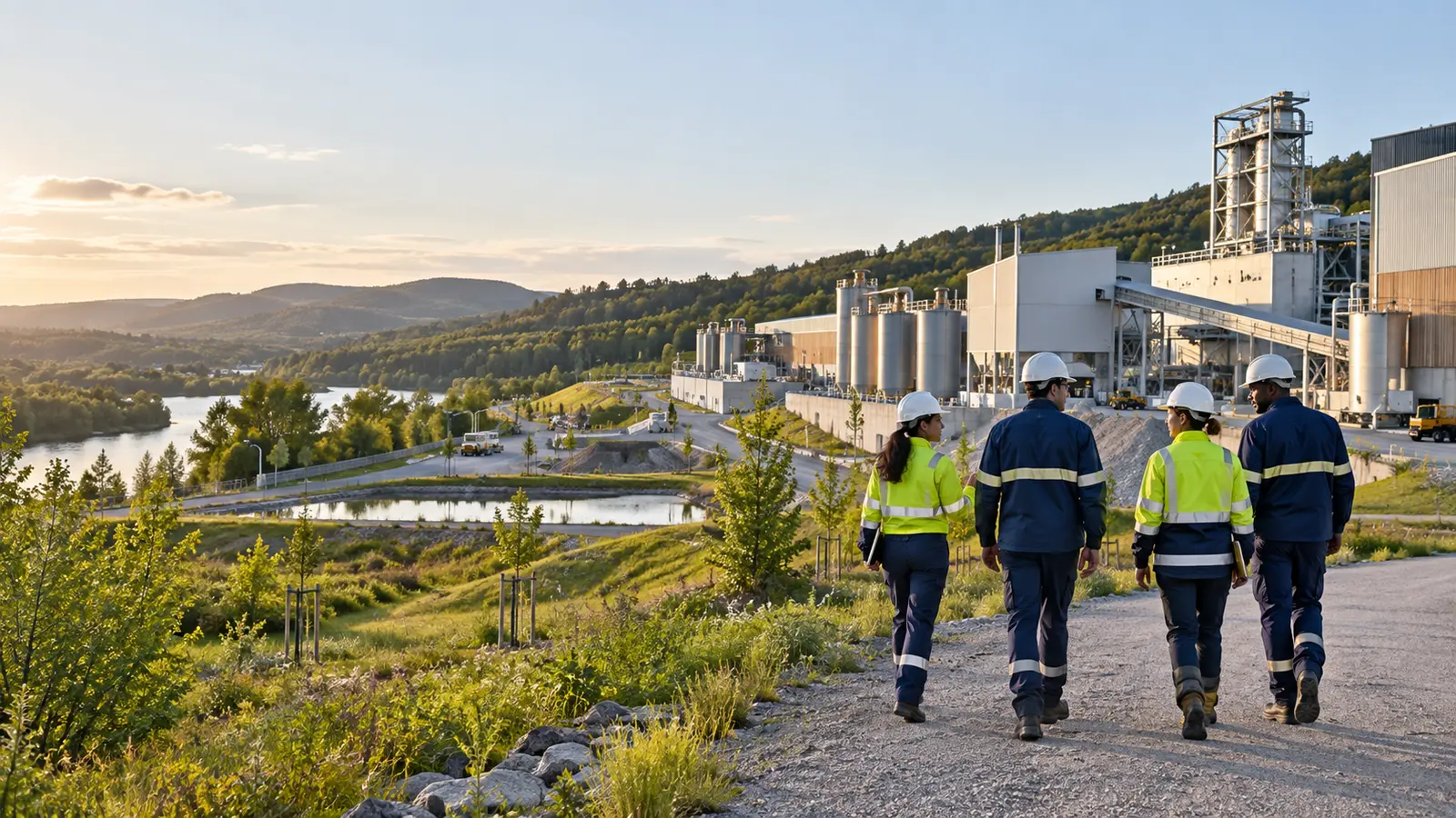 Équipe industrielle réunie dans un site de production moderne